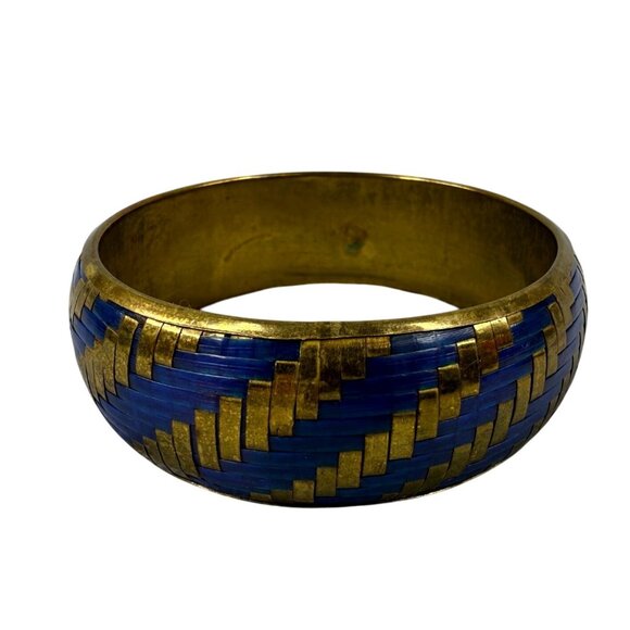 Vintage Brass & Blue Material Woven Design Bangle Bracelet Women Jewelry Classic - Picture 1 of 16